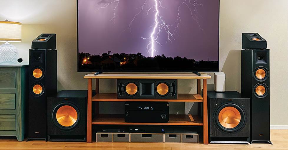A Crutchfield customer image of dual Klipsch SPL 120 subwoofers in his Klipsch home theater